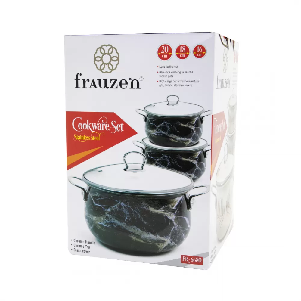 Qazan FR-6680 16-18-20 sm 3-Lü Set qara (Mərmər) - Image 4